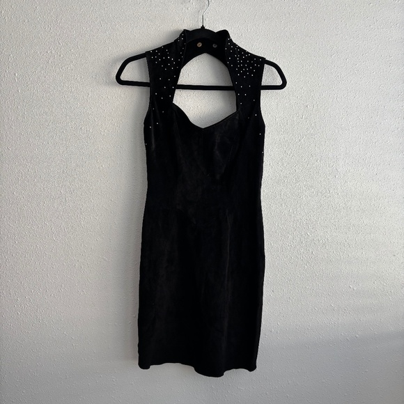 Firenze Santa Barbara Vintage Black Suede Mini Dress with Rhinestones - Picture 1 of 6